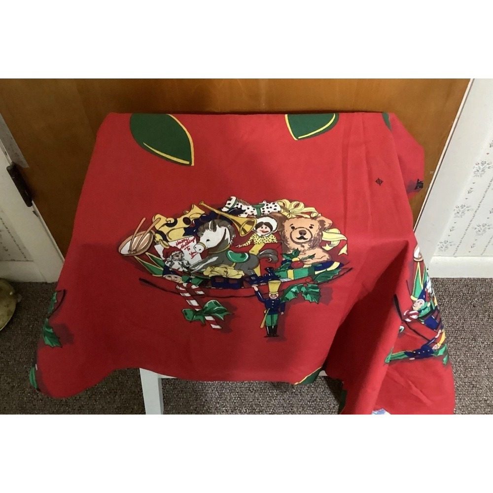 Vtg 58" Round Red Christmas Tablecloth Christmas Toy Pattern No Stains Holiday